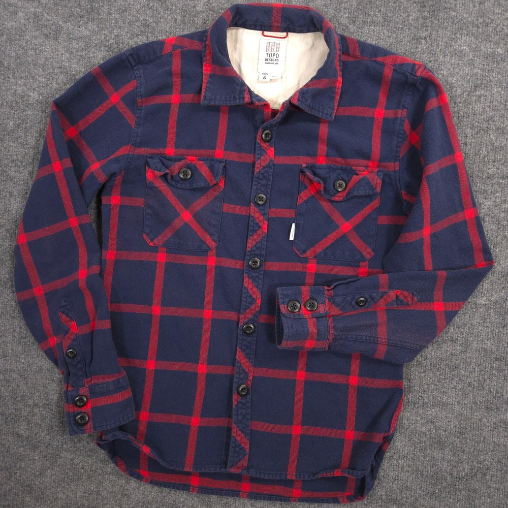 Topo Designs Field Flannel Shirt Mens‎ M Navy Red Windowpane Check Outdoor Chore